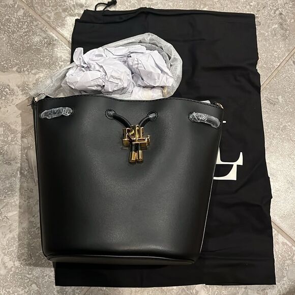 Lauren Ralph Lauren Black Smooth Leather Medium Andie Drawstring Bag, New w/Tag - Picture 10 of 15